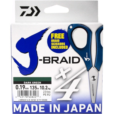 Шнур DAIWA J-Braid X4E-W/SC 0,19мм 135м dark green + ножницы